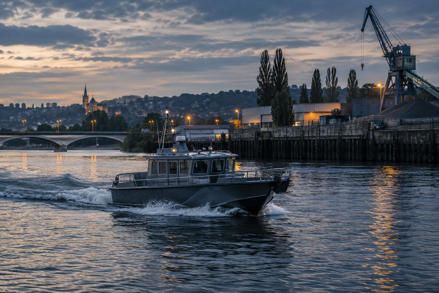 Illustration de synthèse : Bateau de service sur une rivière bordée de quais industriels