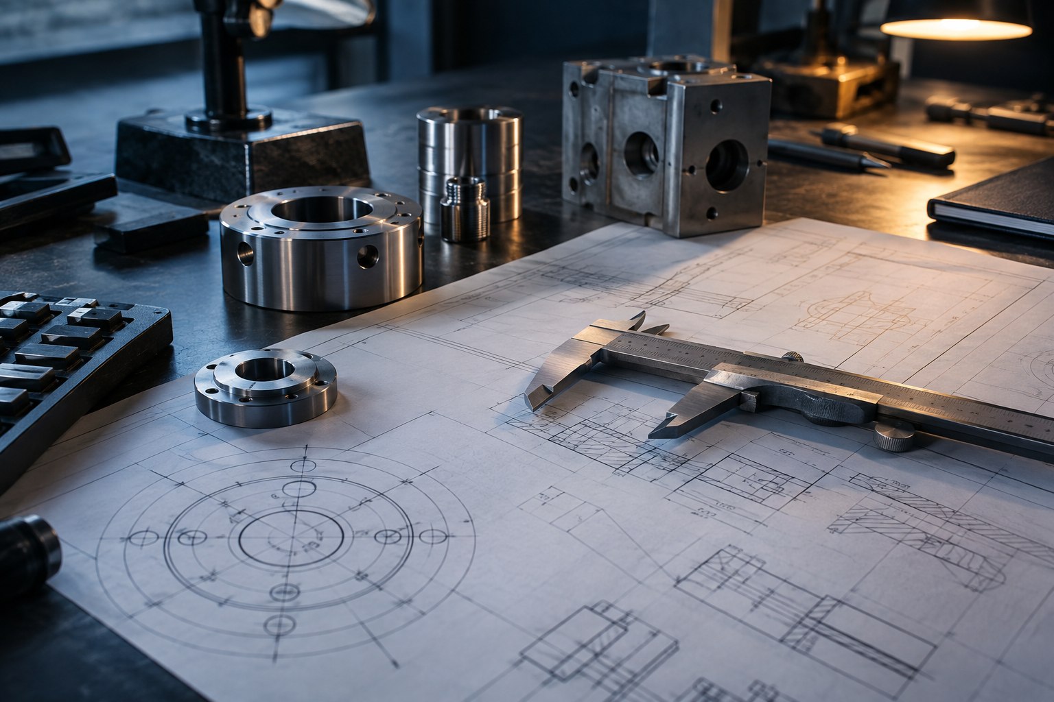 Illustration de synthèse : Plans techniques, pied à coulisse et composants mécaniques sur un bureau d’étude