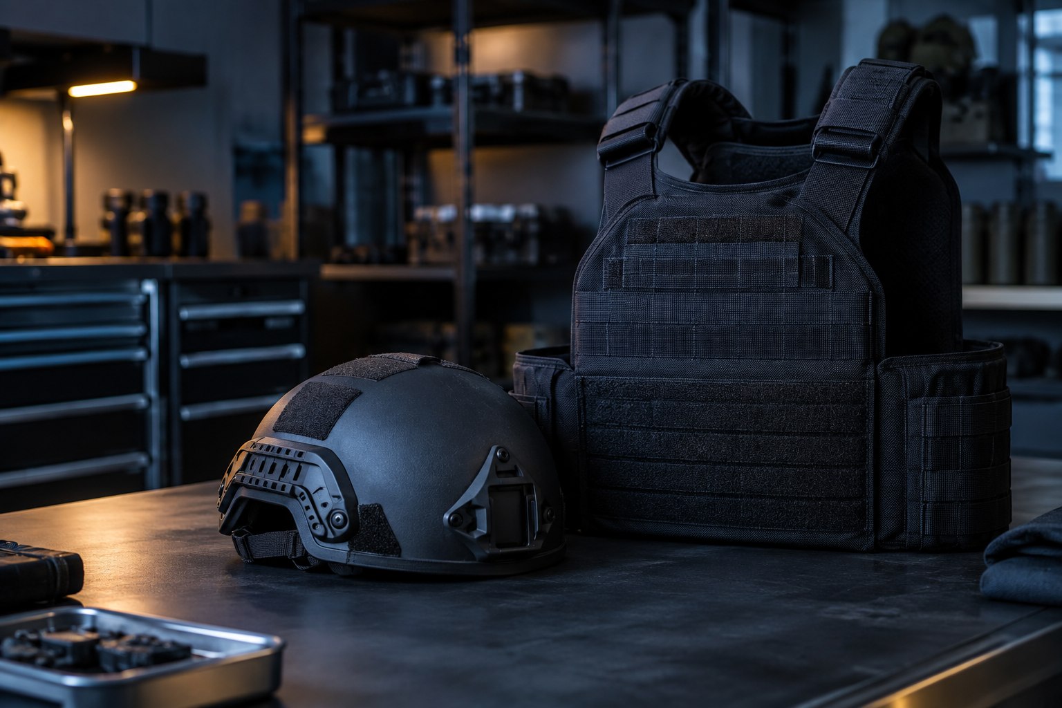 Illustration de synthèse : Casque et gilet de protection présentés sur une table