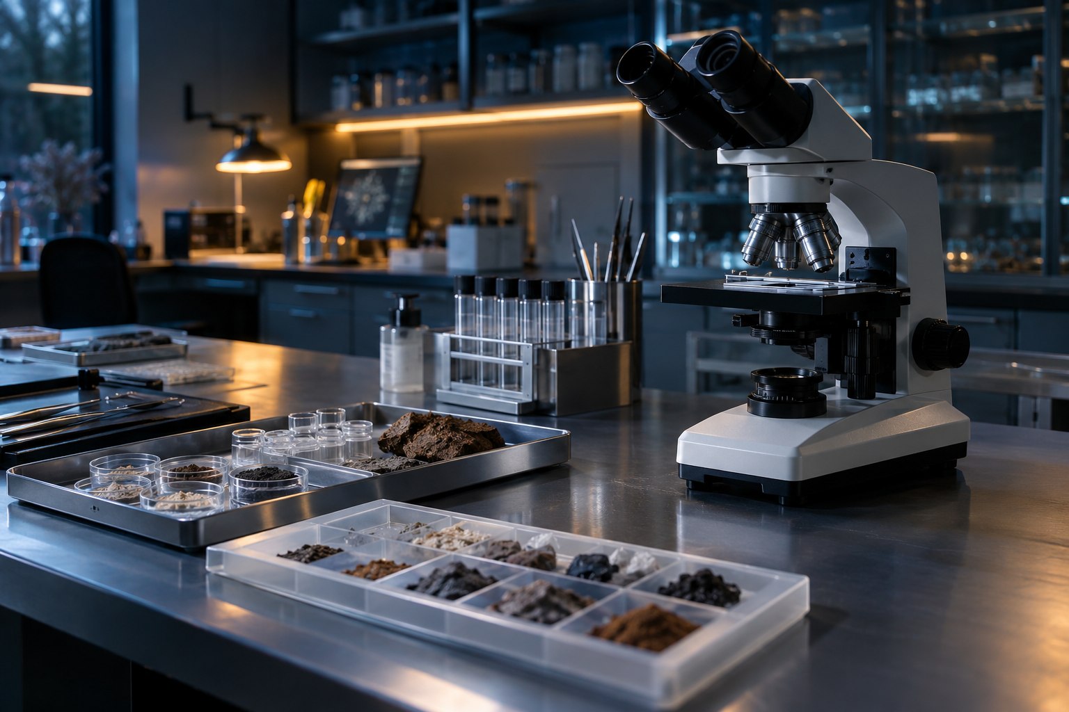 Illustration de synthèse : Microscope et plateaux d’échantillons dans un laboratoire